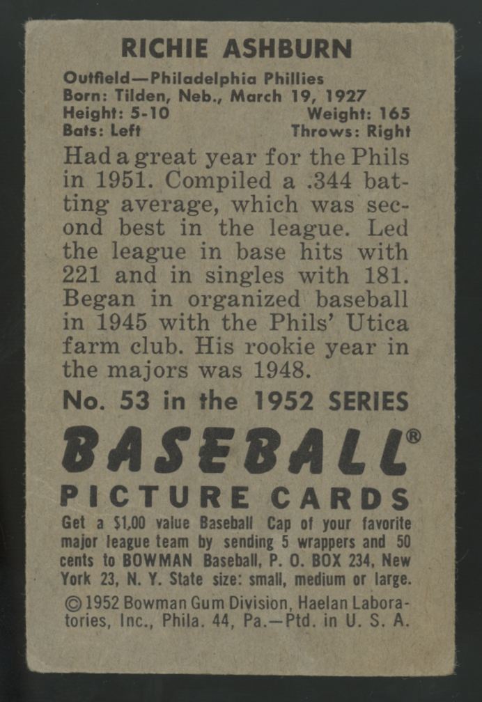 1952 Bowman Richie Ashburn Picture Card #53 Good
