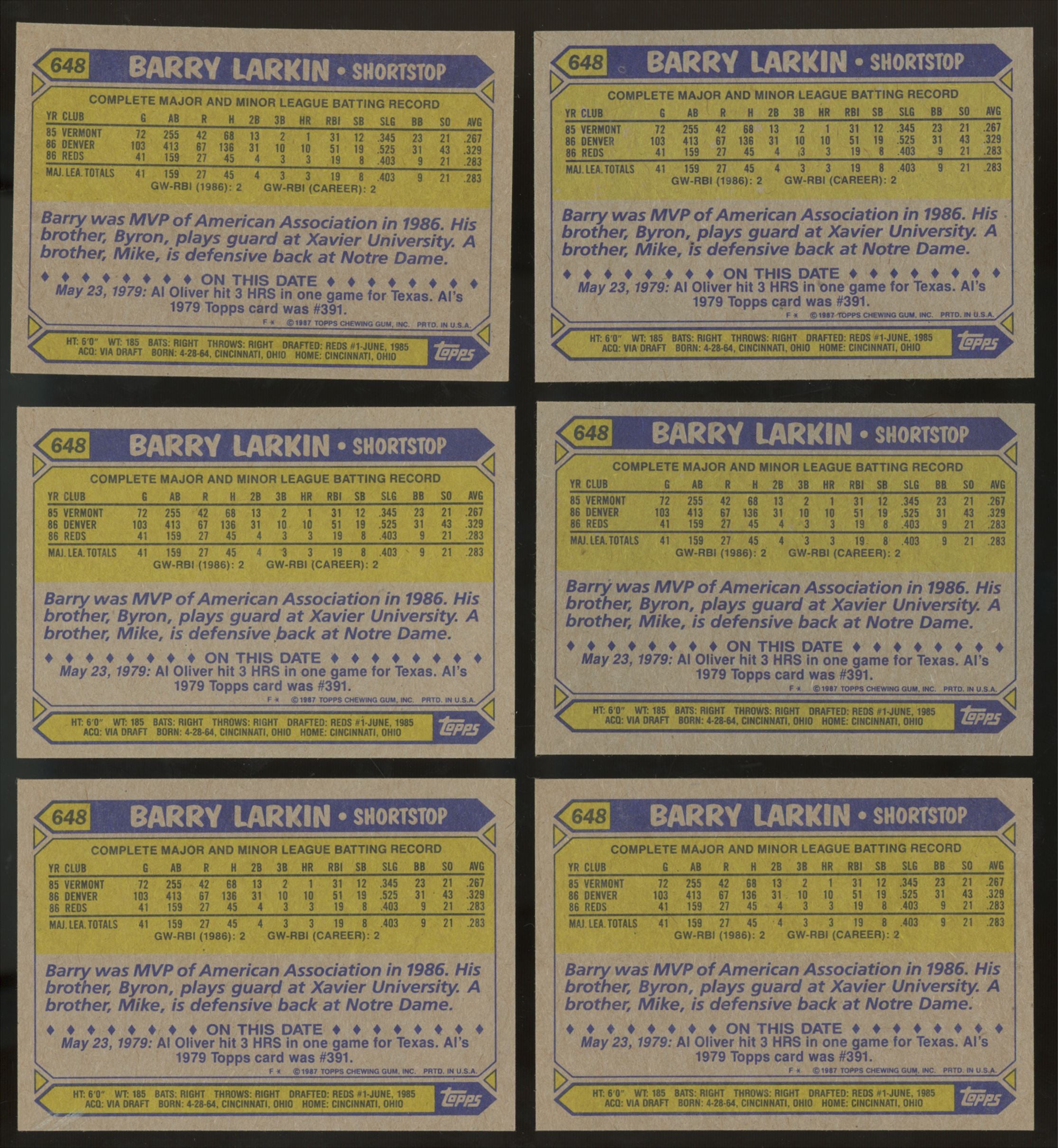 1987 Topps Barry Larkin RC #648 (Lot of 50)