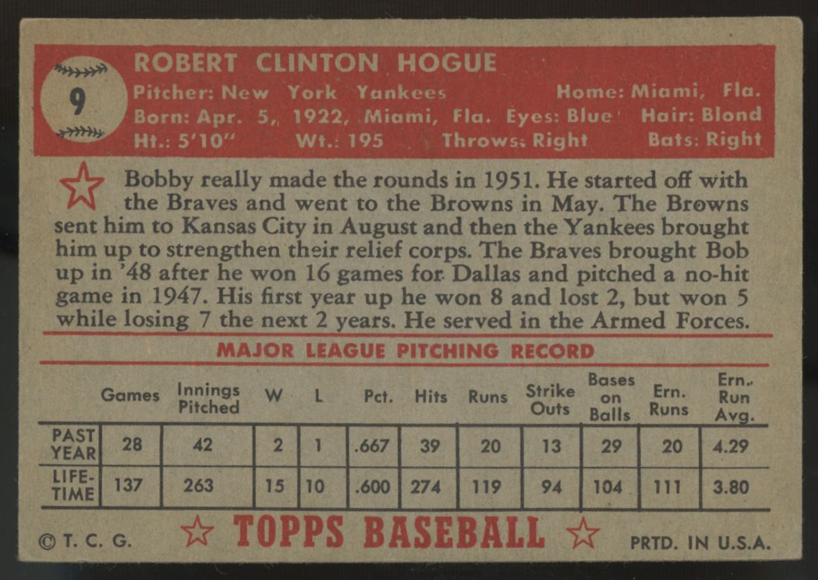 1952 Topps Bobby Hogue RC #9 VG/EX