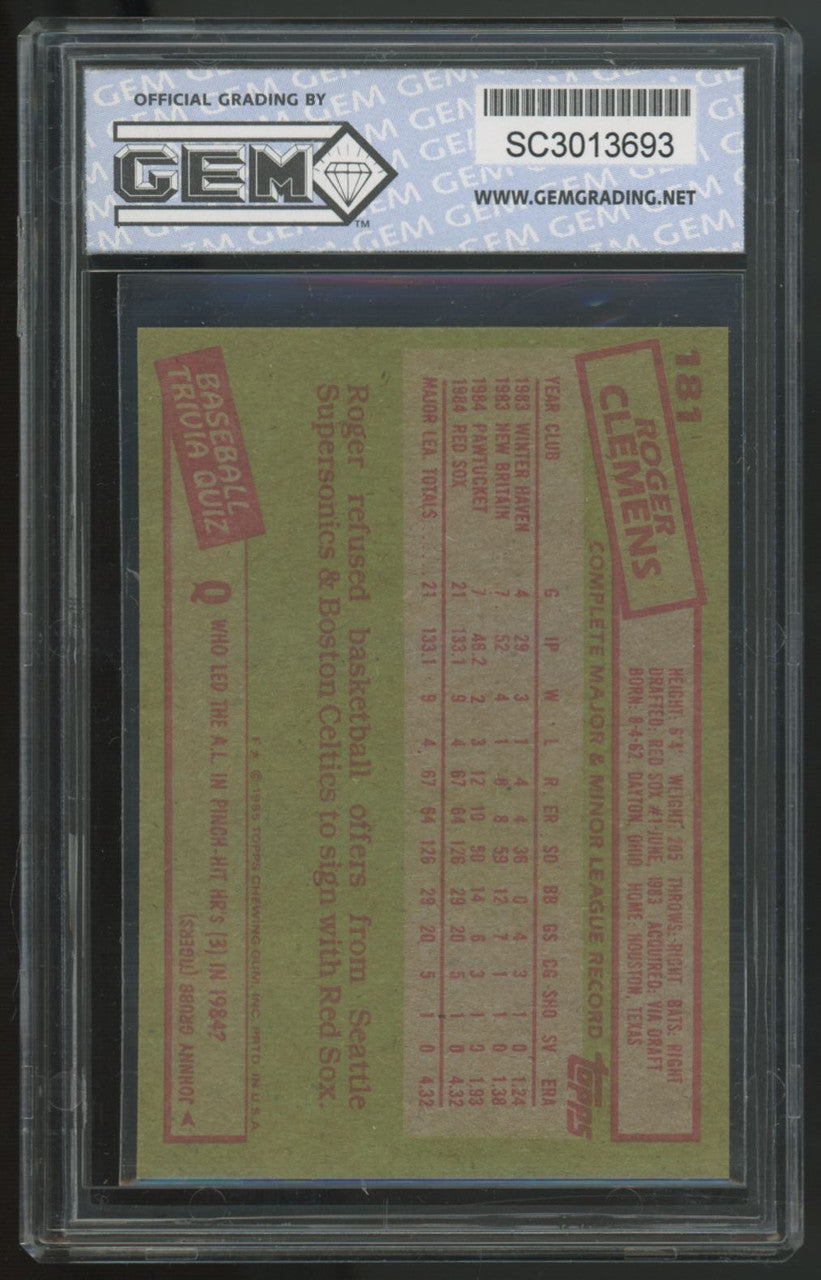 1985 Topps Roger Clemens RC #181 GGI 10