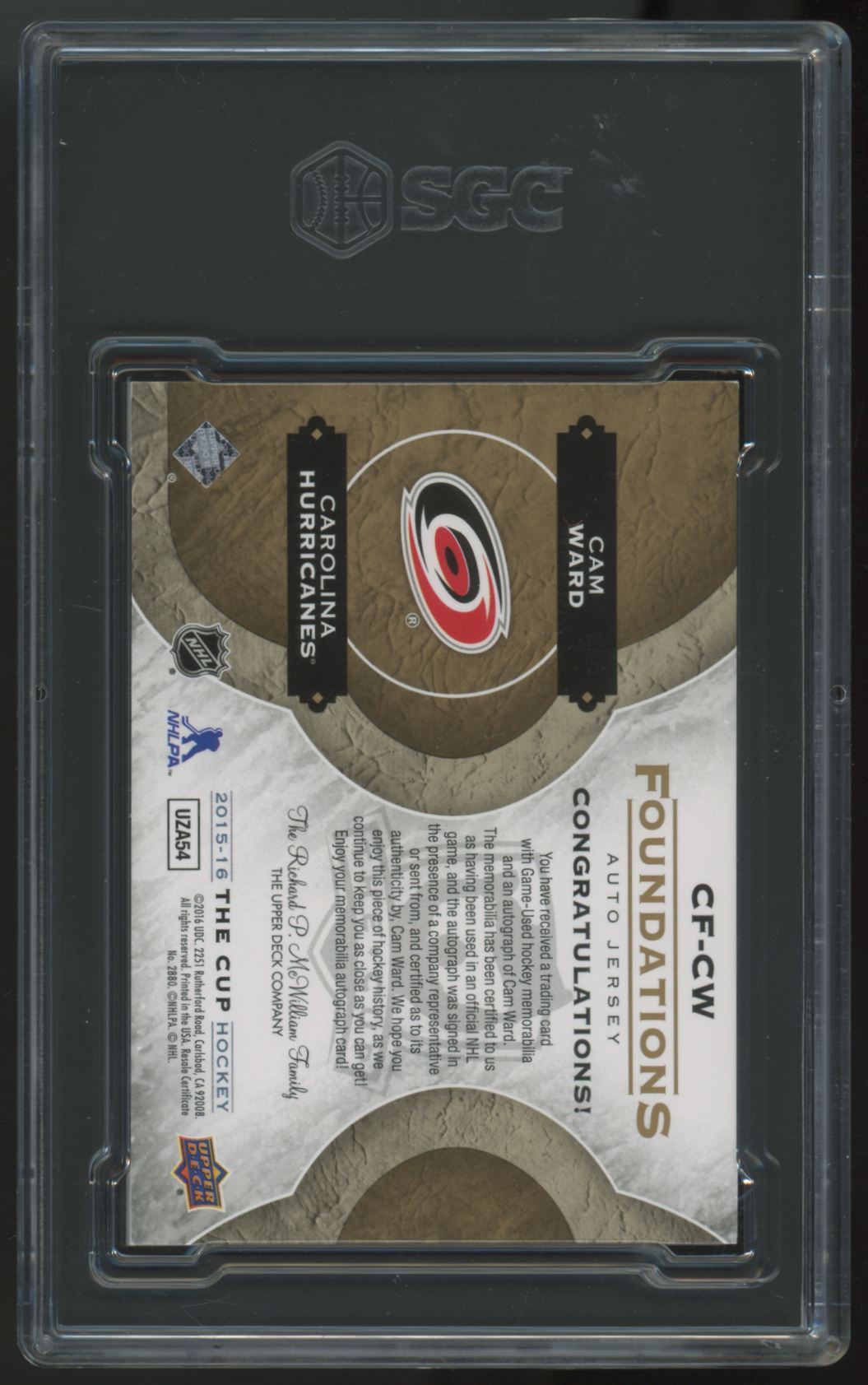 2015-16 UD The Cup Cam Ward Foundations Quad Patch Auto /15 #CF-CW SGC 8.5 10
