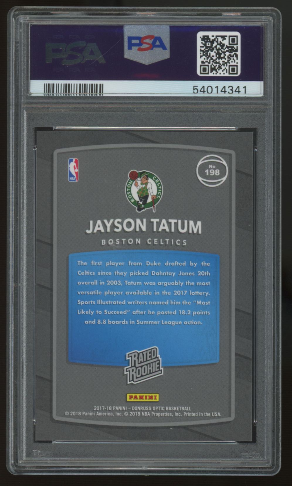 2017-18 Panini Donruss Optic Jayson Tatum RC Rated Rookie Shock #198 PSA 10