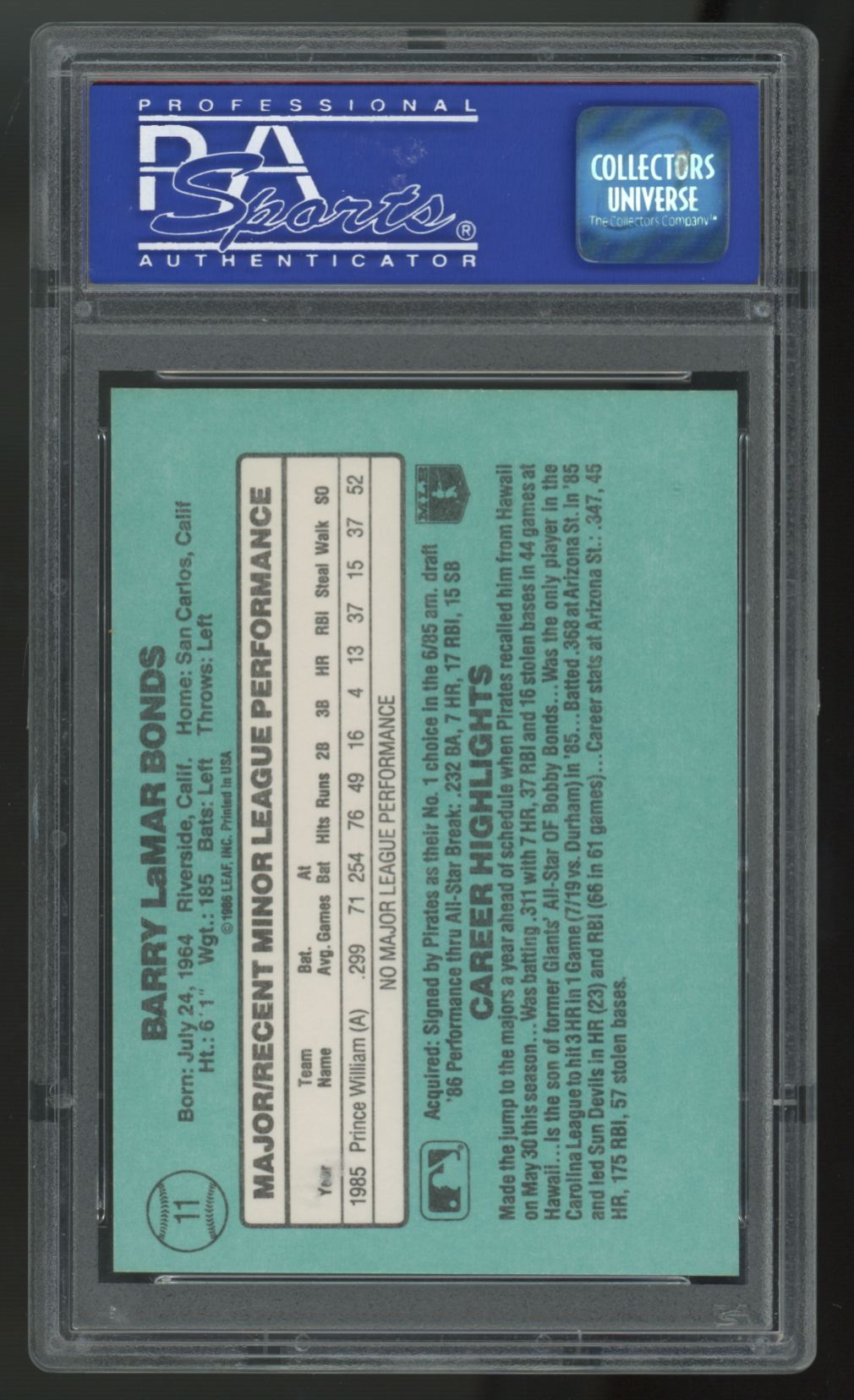 1986 Donruss Rookies Barry Bonds RC #11 PSA 9 *796