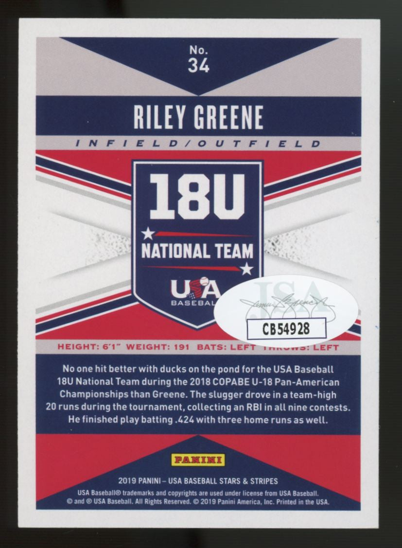 2019 USA Stars & Stripes Riley Greene #34 Signed Auto JSA