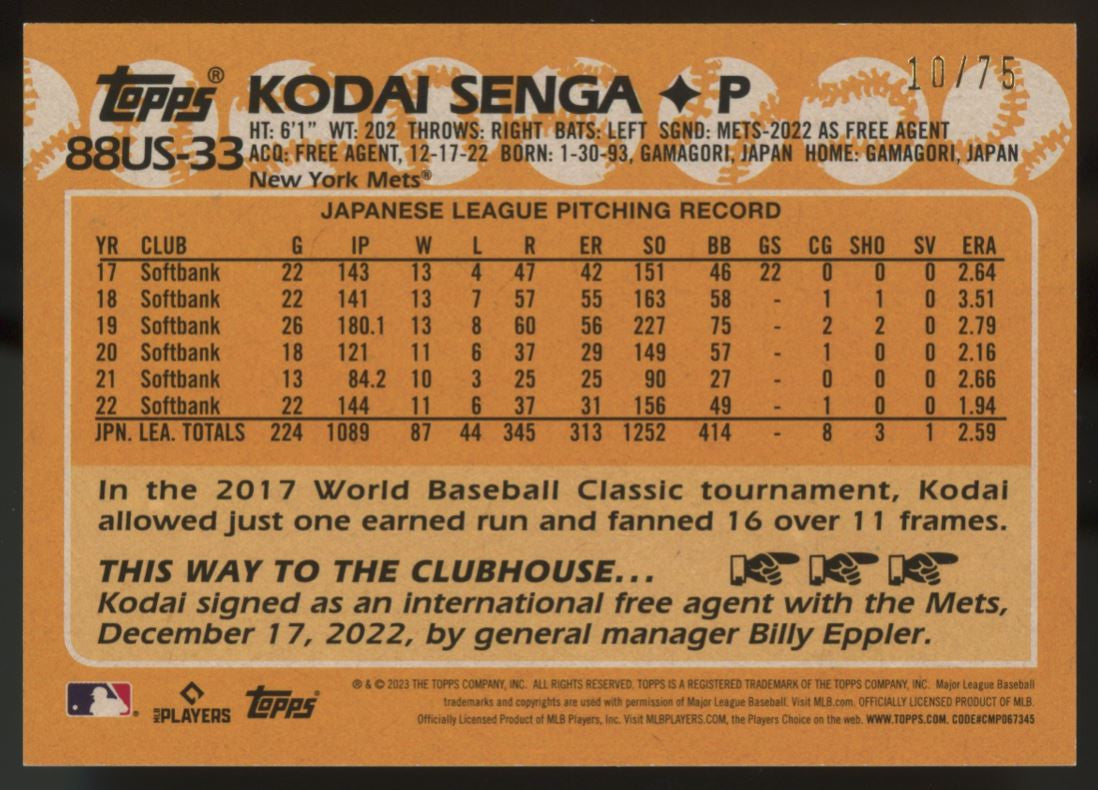 2023 Topps Kodai Senga RC 1988 Bronze /75 #88US-33
