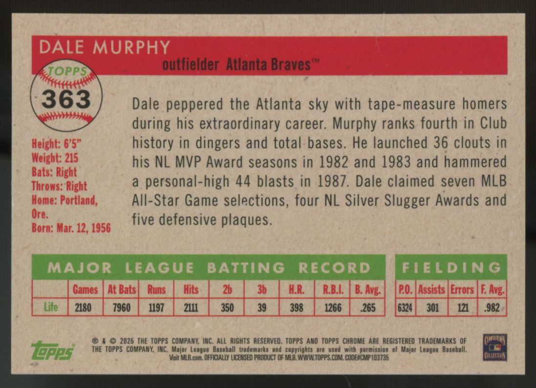 2025 Topps Chrome Platinum Anniversary Dale Murphy Toile Cream/Black /10 #363