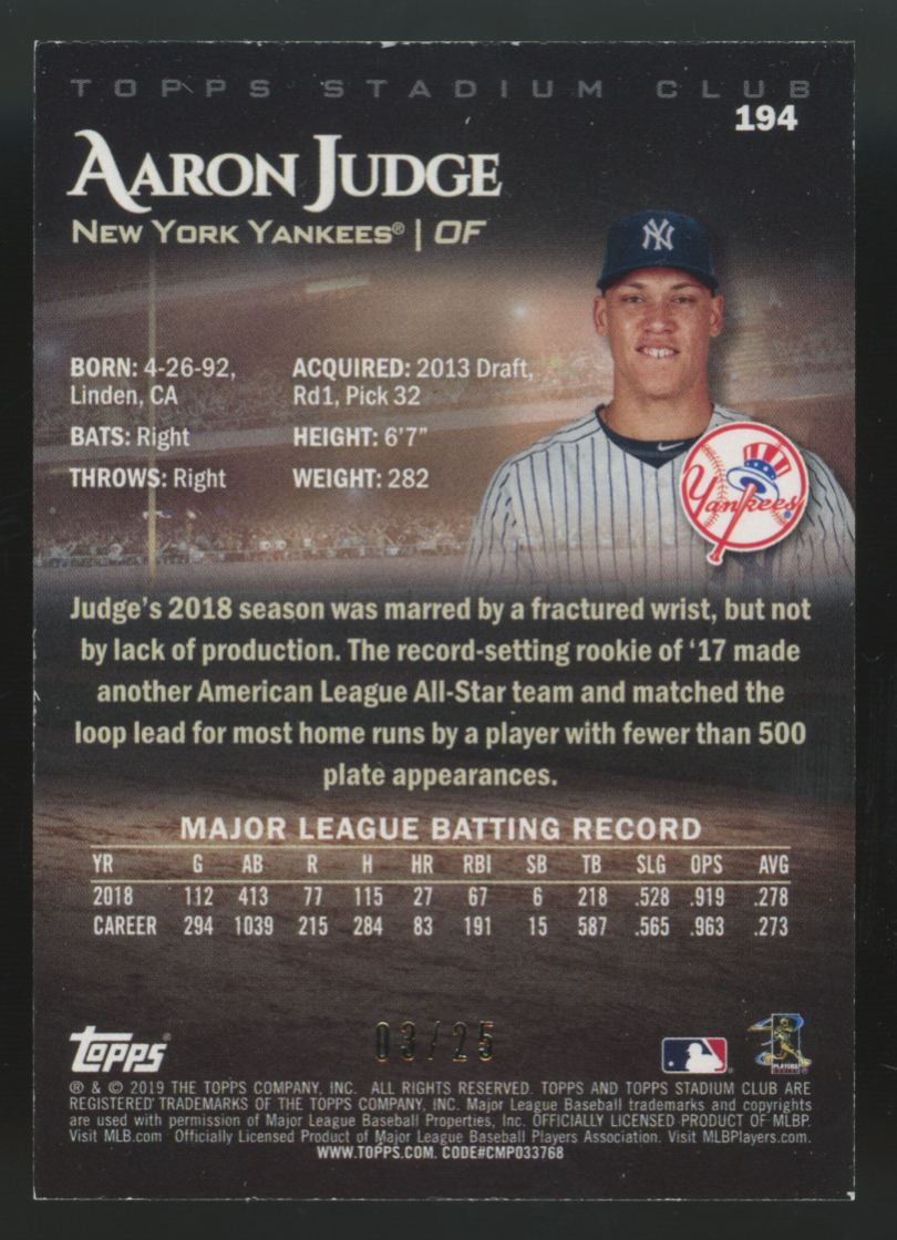 2019 Topps Stadium Club Aaron Judge Rainbow Foilboard /25 #194