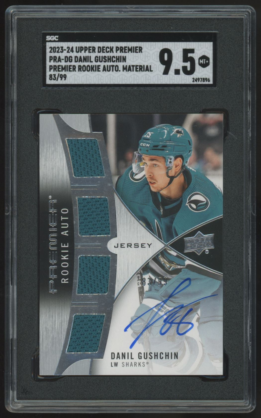 2023-24 UD Premier Danil Gushchin RC Quad Patch Auto RPA /99 #PRA-DG SGC 9.5