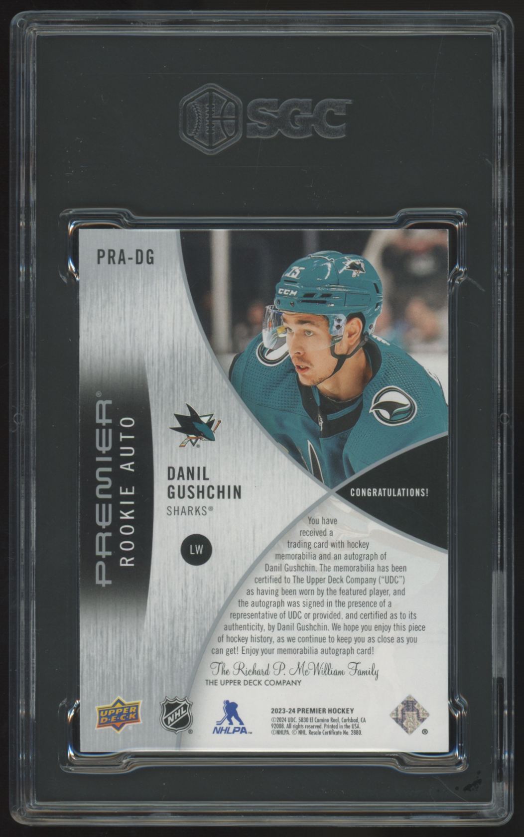 2023-24 UD Premier Danil Gushchin RC Quad Patch Auto RPA /99 #PRA-DG SGC 9.5