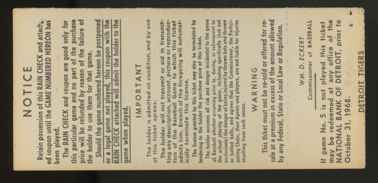1968 Detroit Tigers World Series Game 5 Ticket Stub Low Grade