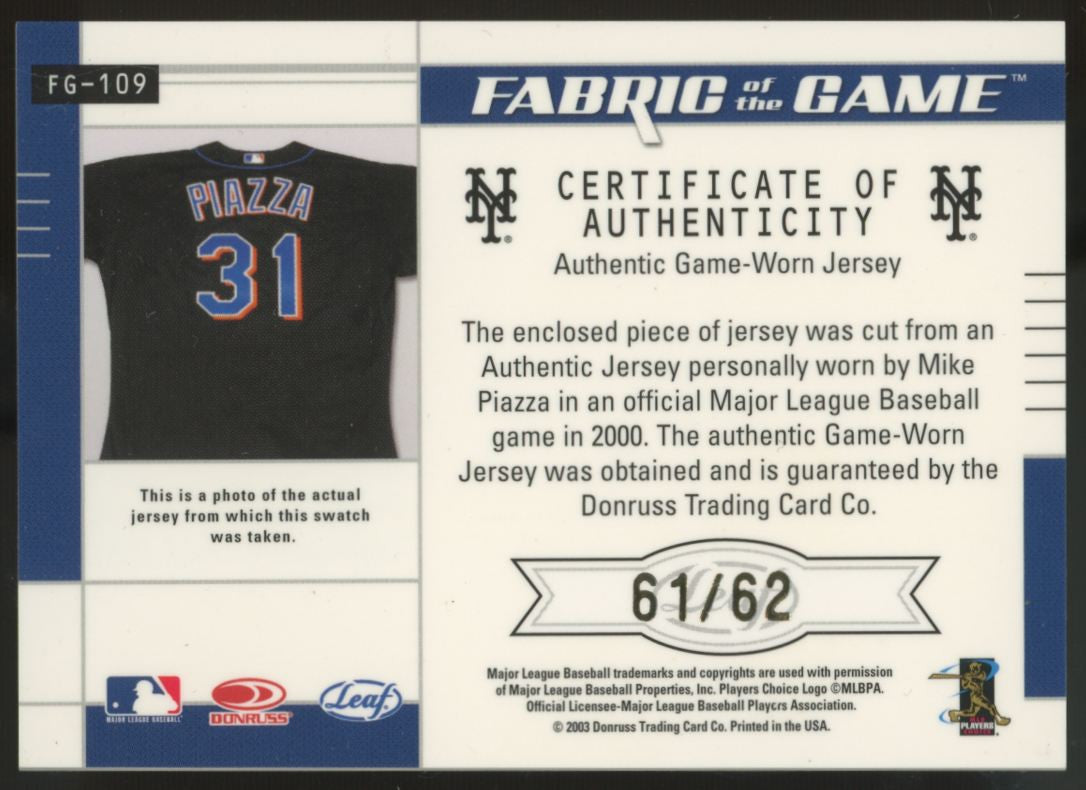 2003 Leaf Certified Mike Piazza Fabric Of The Game Debut Year Patch /62 #FG-109