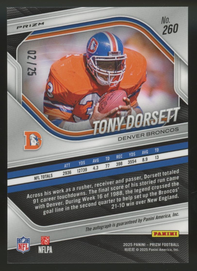 2025 Panini Prizm Tony Dorsett Blue Shimmer Auto /25 #260