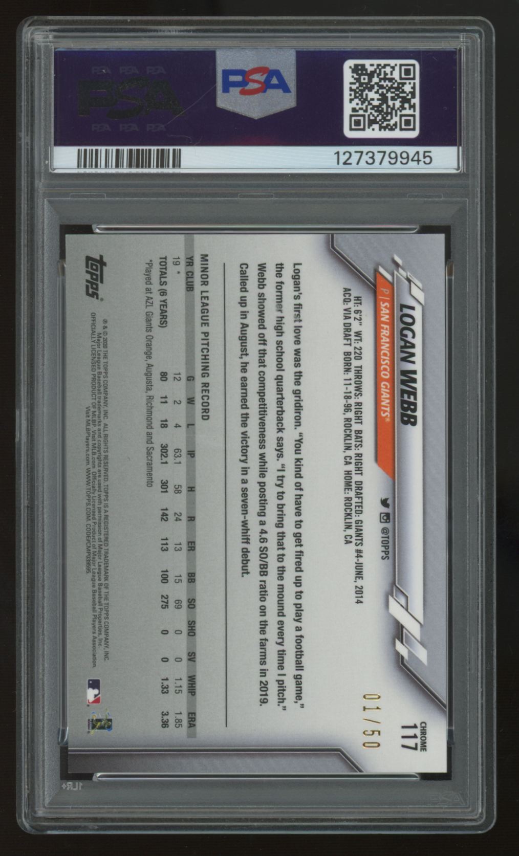 2020 Topps Chrome Logan Webb RC Gold Wave Refractor /50 #117 PSA 8