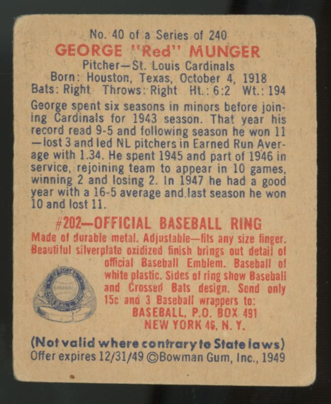 1949 Bowman Gum George "Red" Munger #40 G/VG
