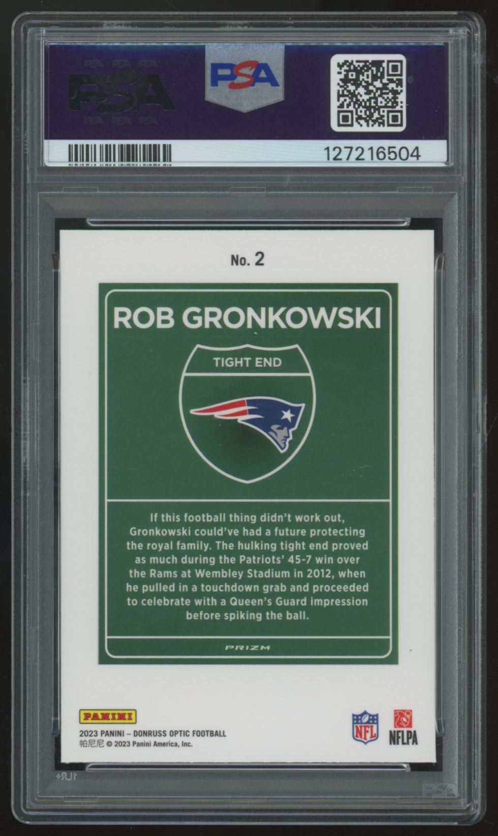 2023 Donruss Optic Rob Gronkowski International Downtown SSP #2 PSA 9