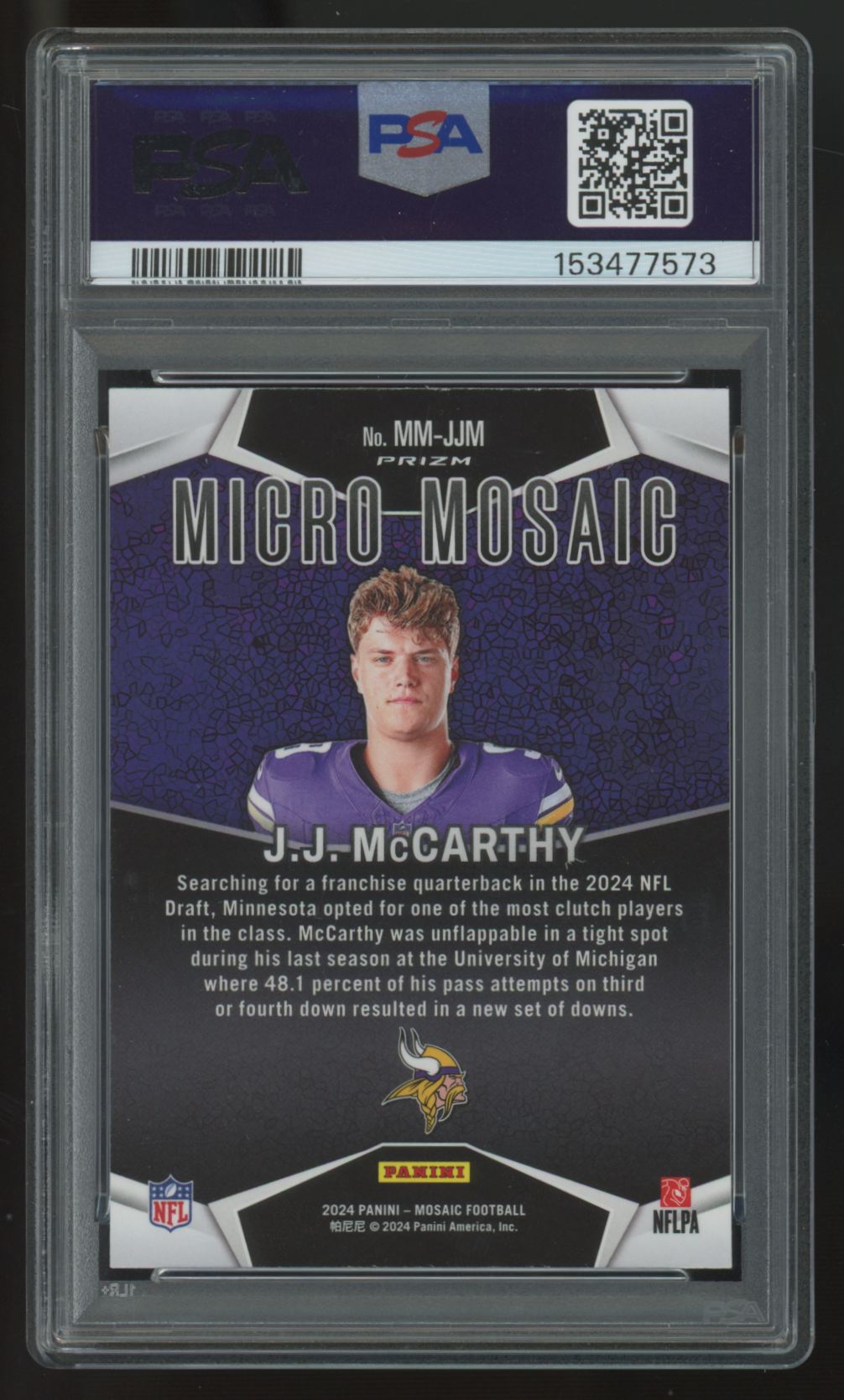2024 Panini Mosaic J.J. McCarthy RC Micro Mosaic SSP #MM-JJM PSA 10