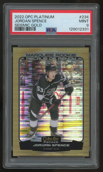 2022-23 O-Pee-Chee Platinum Jordan Spence RC Marquee Seismic Gold /50 PSA 9