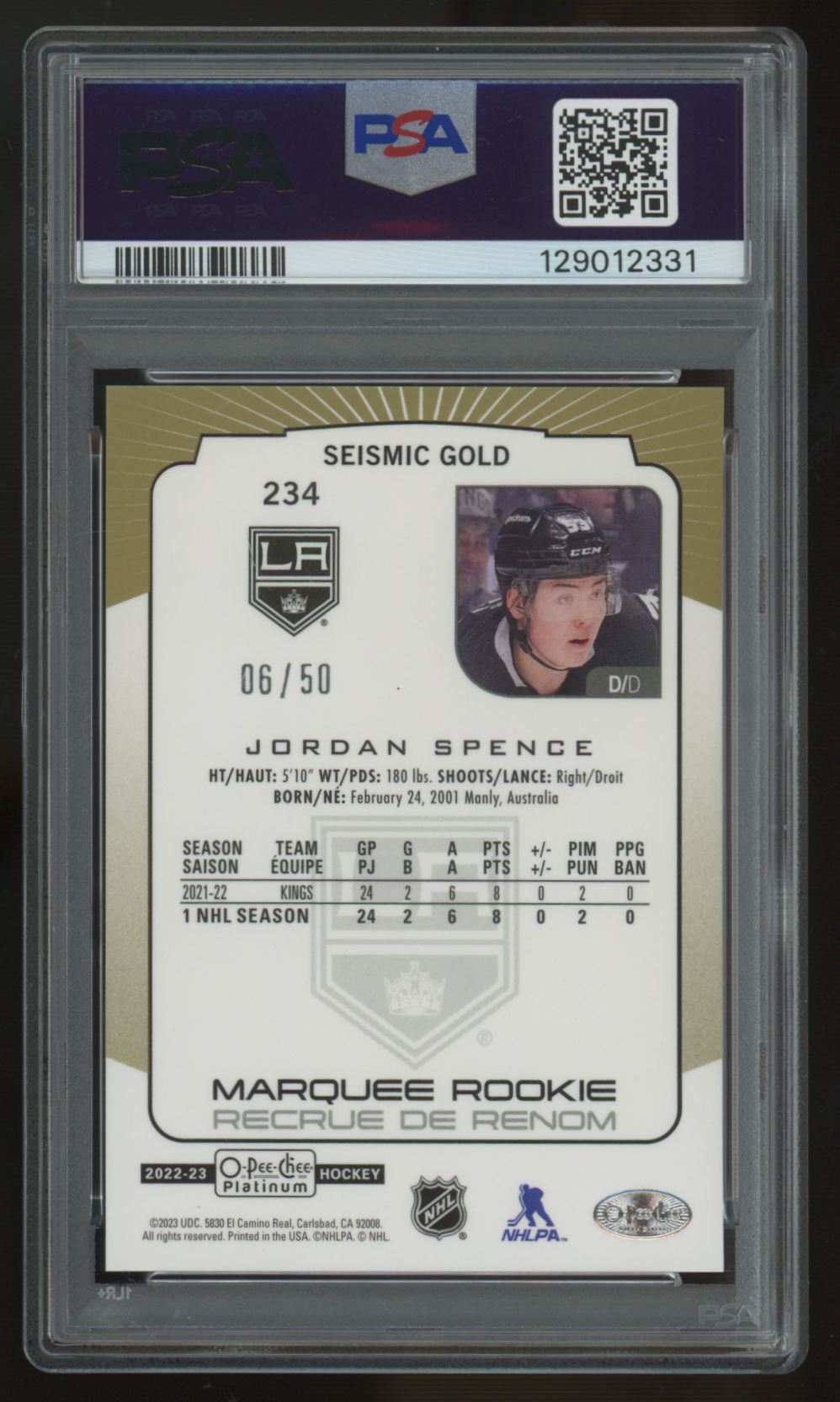 2022-23 O-Pee-Chee Platinum Jordan Spence RC Marquee Seismic Gold /50 PSA 9