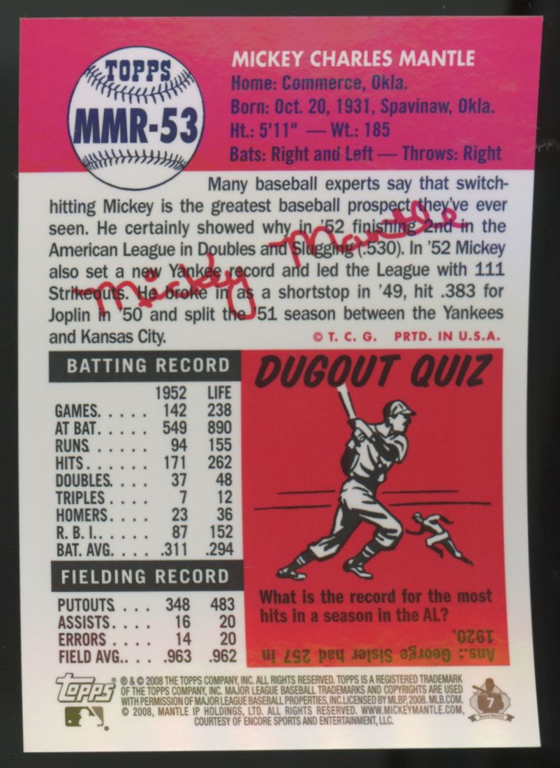 2008 Topps Mickey Mantle Reprint Blue Refractor #MMR-53 "E"
