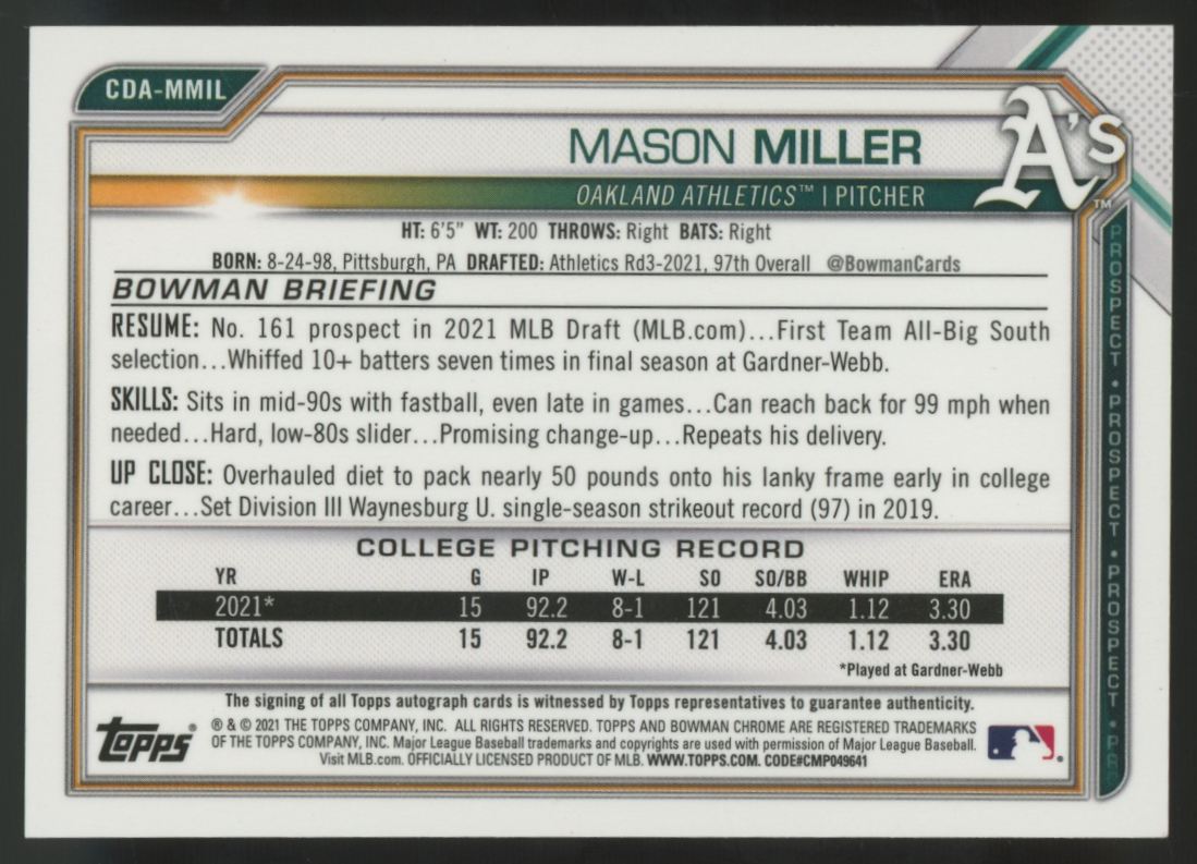 2021 Bowman Chrome Draft Mason Miller 1st Prospect Auto #CDA-MMIL