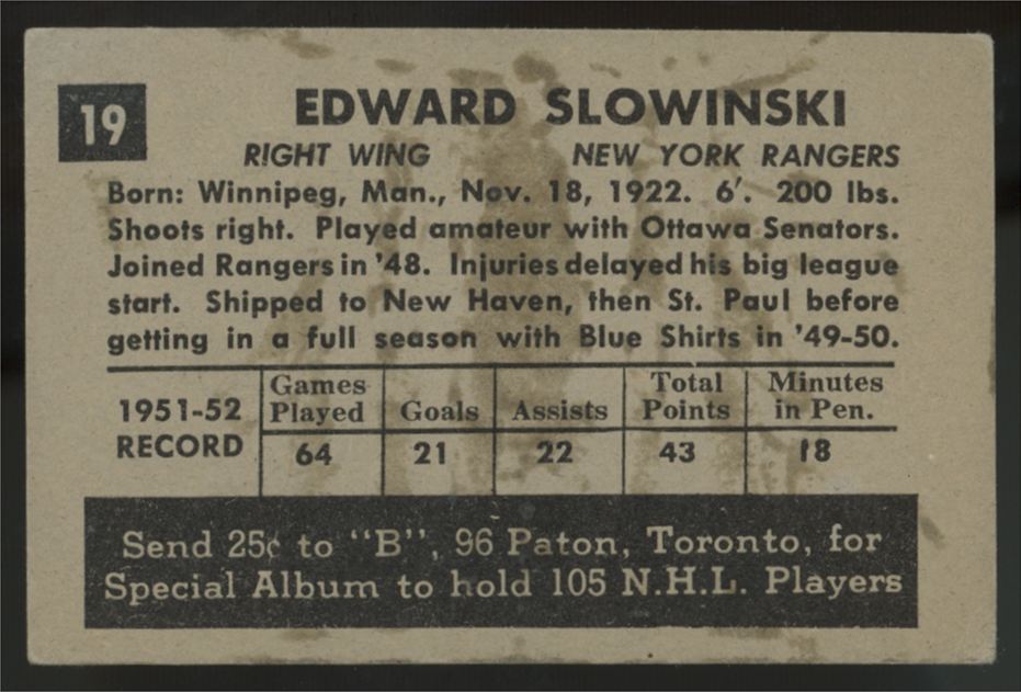 1952-53 Parkhurst Edward Slowinski #19 VG/EX