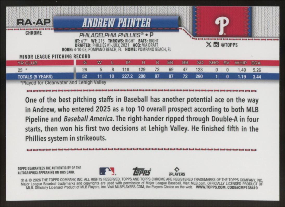 2026 Topps Chrome Sapphire Andrew Painter RC Green Auto /99 #RA-AP