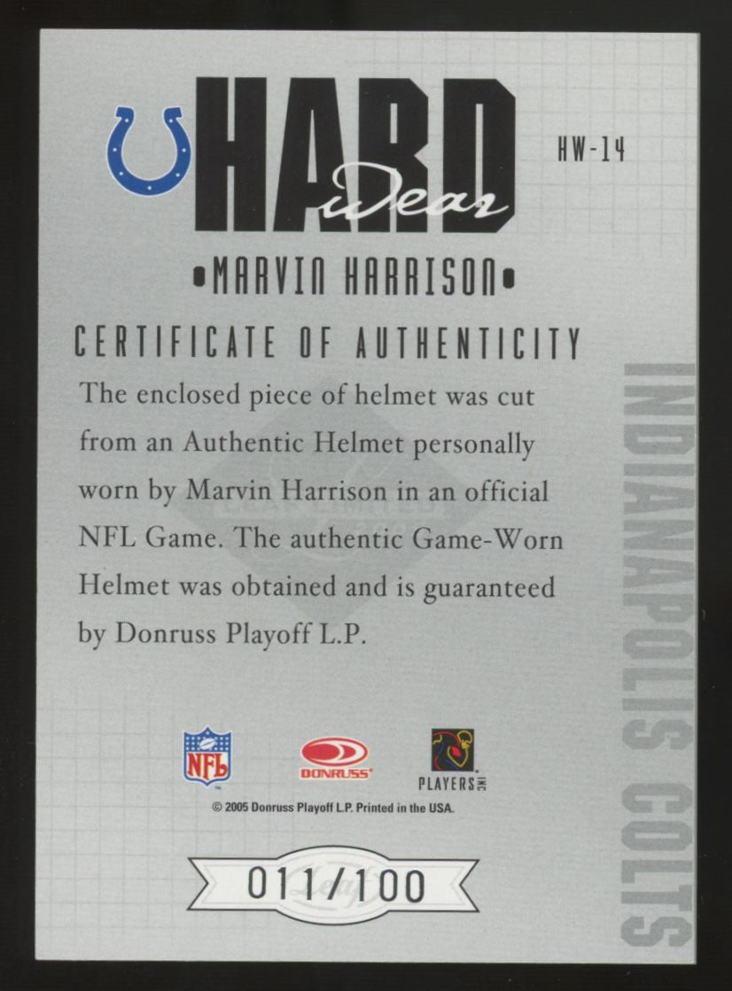 2005 Leaf Limited Marvin Harrison Hard Wear Helmet Relic /100 #HW-14