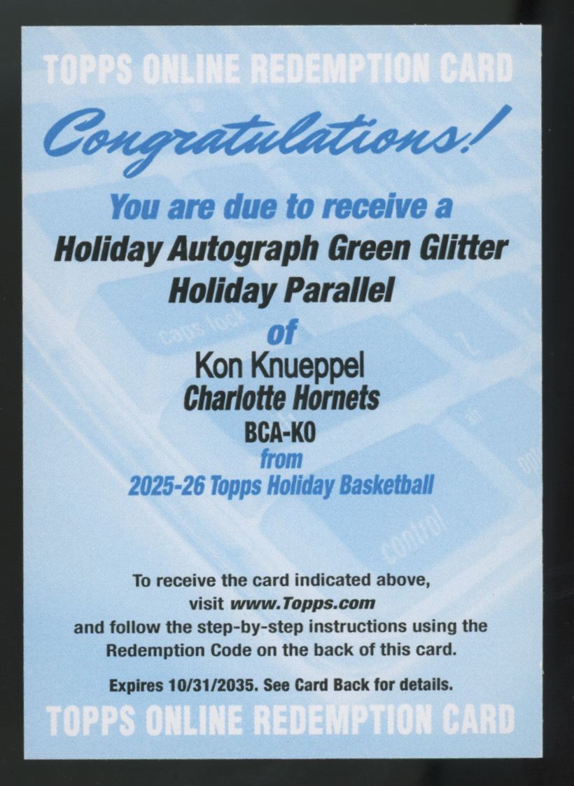 2025-26 Topps Holiday Kon Knueppel RC Green Glitter Auto /5 #BCA-KO