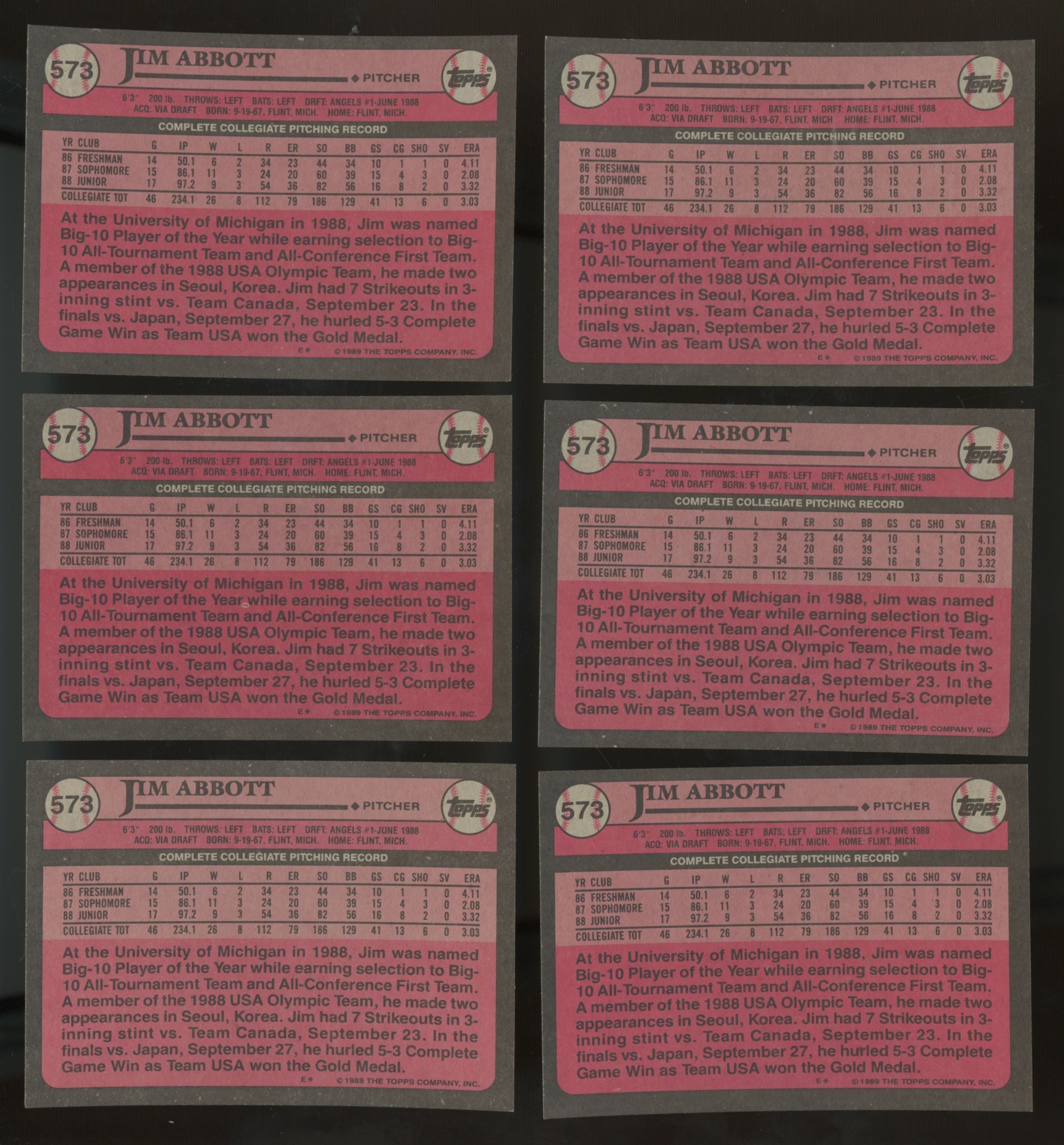 1989 Topps Jim Abbott RC #1 Draft Pick #573 (Lot Of 24)
