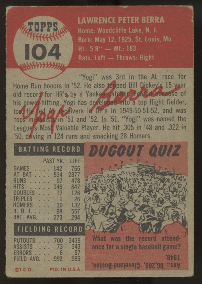 1953 Topps Yogi Berra #104 VG