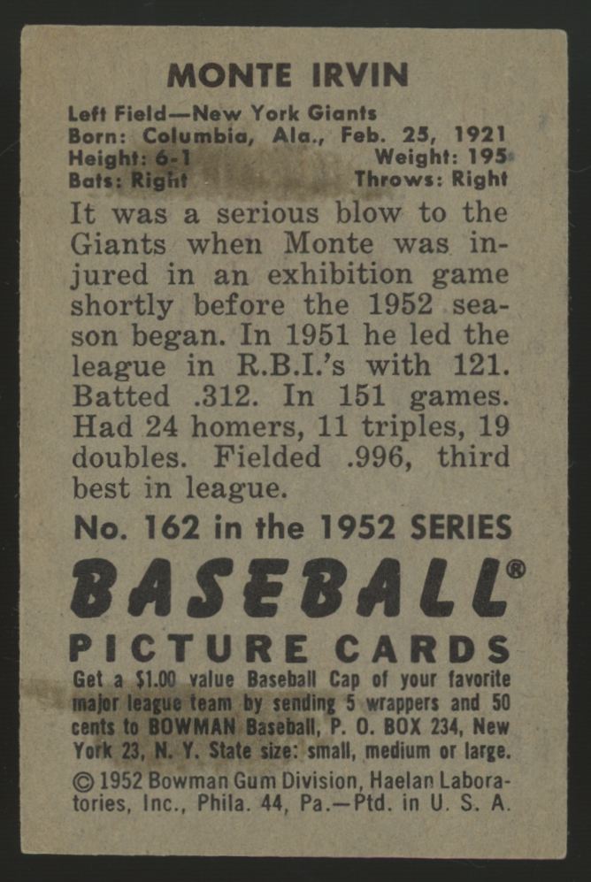 1952 Bowman Monte Irvin #162 EX+