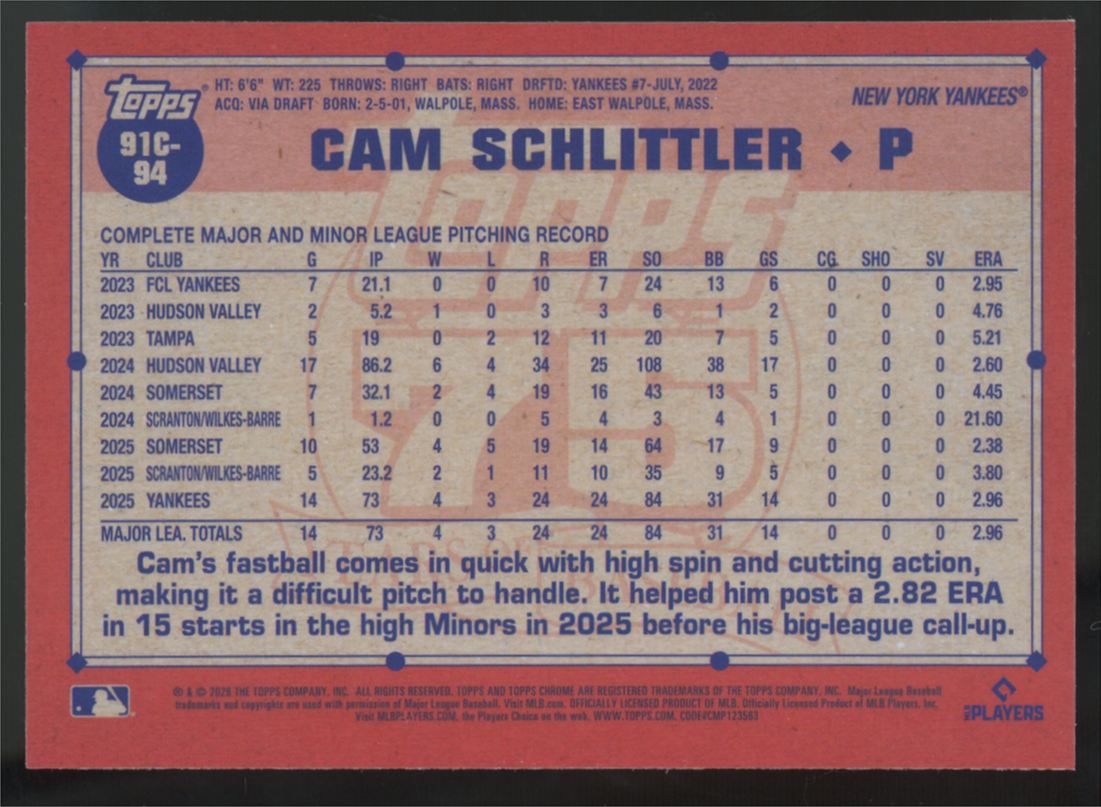 2026 Topps Silver Pack Cam Schlittler RC Blue /150 #91C-94