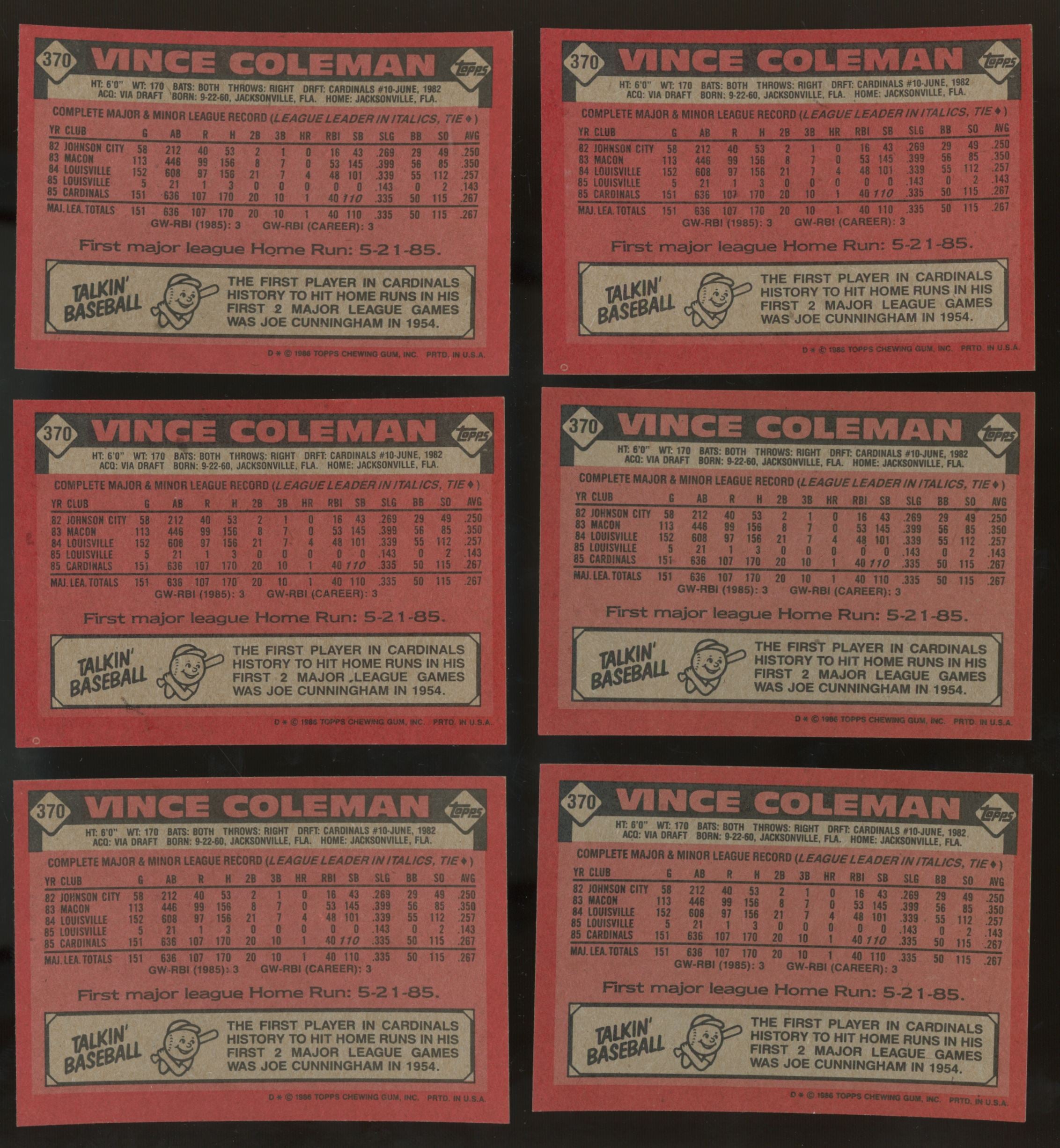1986 Topps Vince Coleman #370 (Lot of 42)
