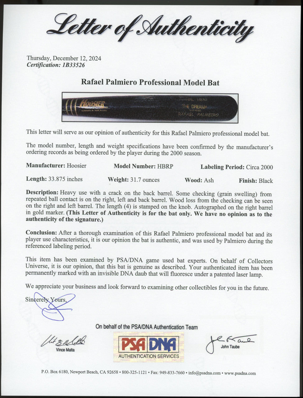 Rafael Palmeiro Signed Autographed Game Used Professional Hoosier Bat PSA JSA