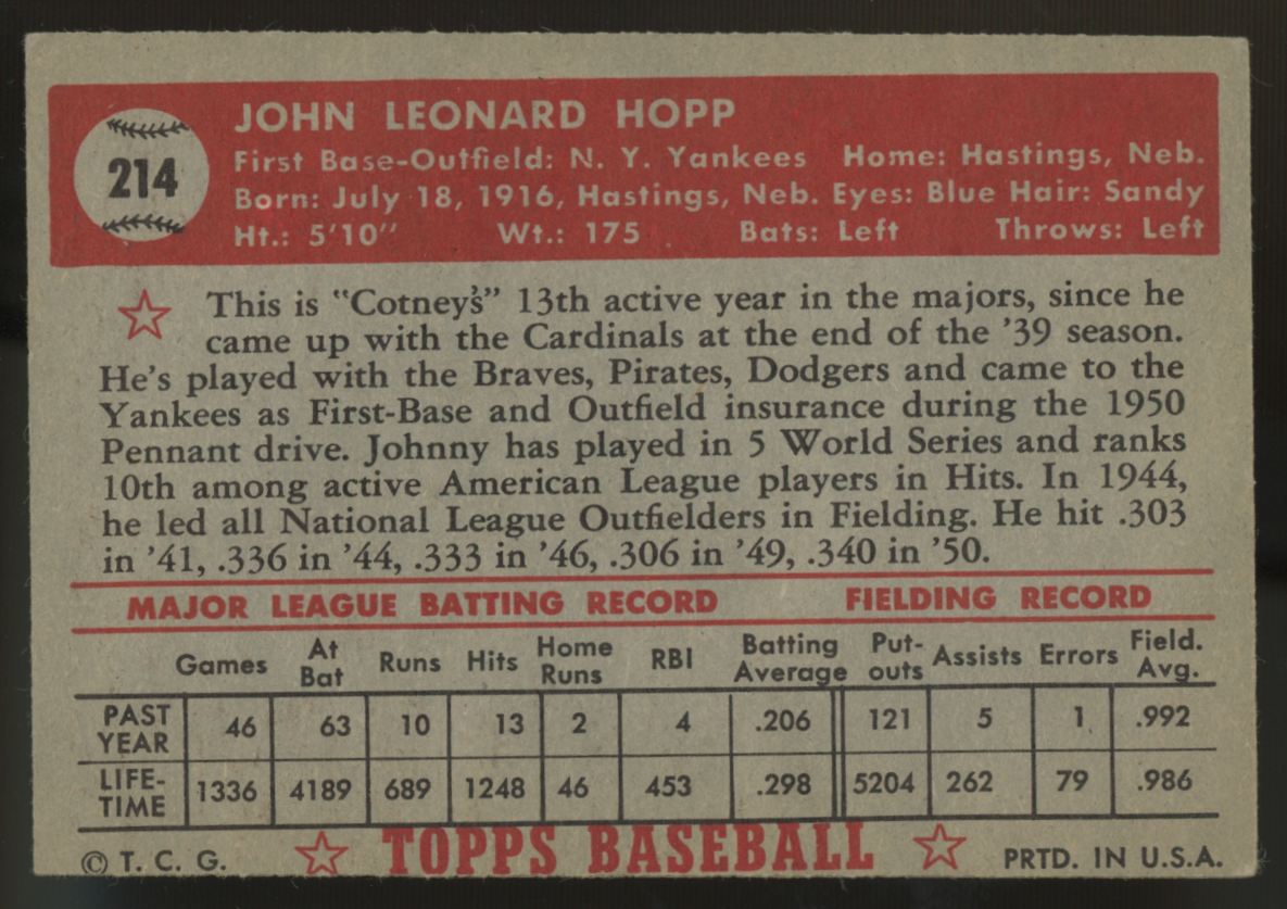 1952 Topps Johnny Hopp #214 VG/EX