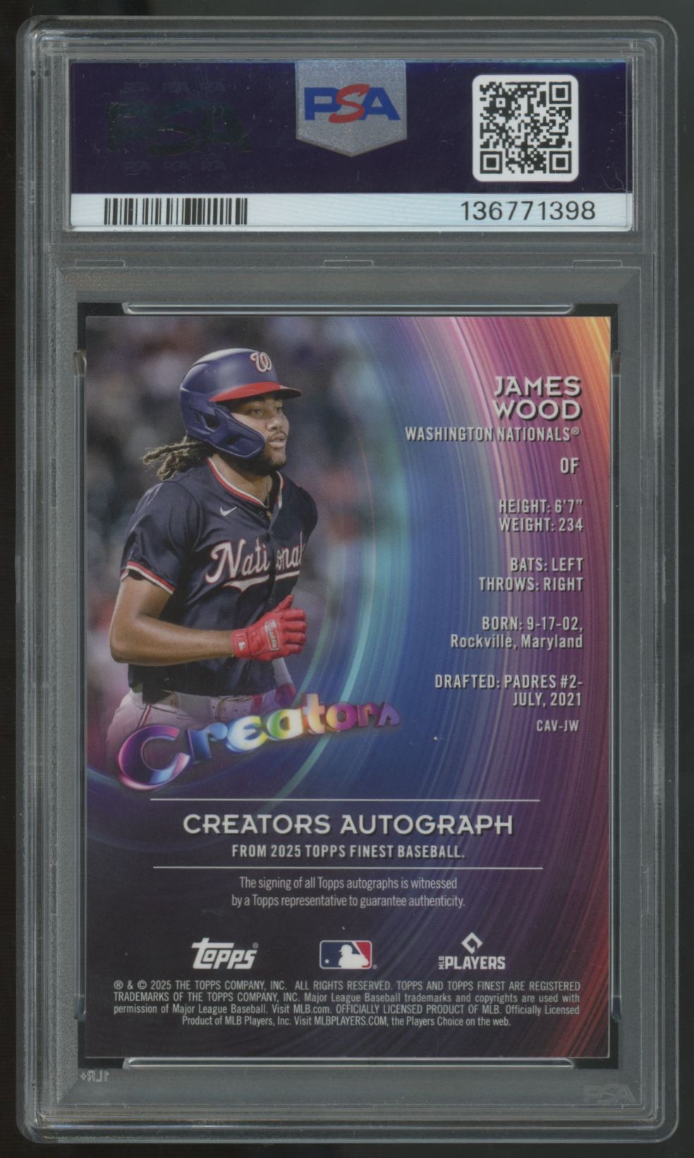 2025 Topps Finest James Wood RC Creators Auto #CAV-JW PSA 9 9