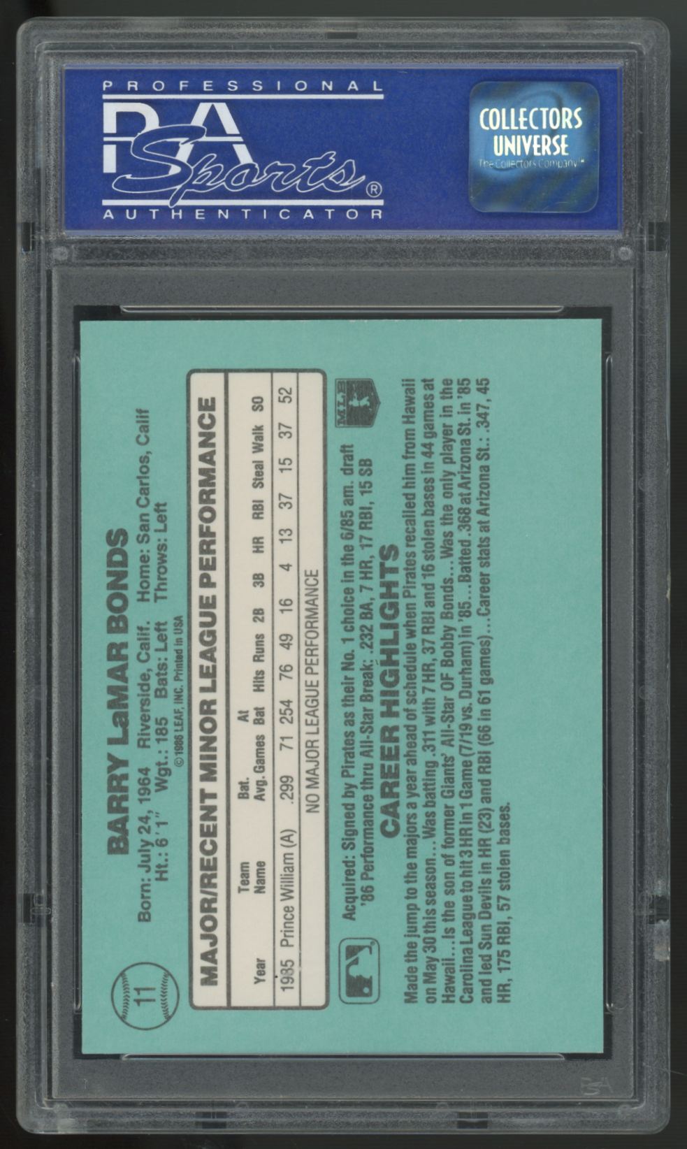 1986 Donruss Rookies Barry Bonds RC #11 PSA 9 *965