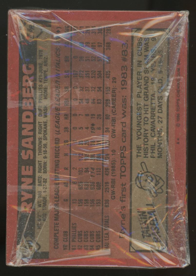 1986 Topps Baseball Grocery Cello Pack Sealed Ryne Sandberg On Back