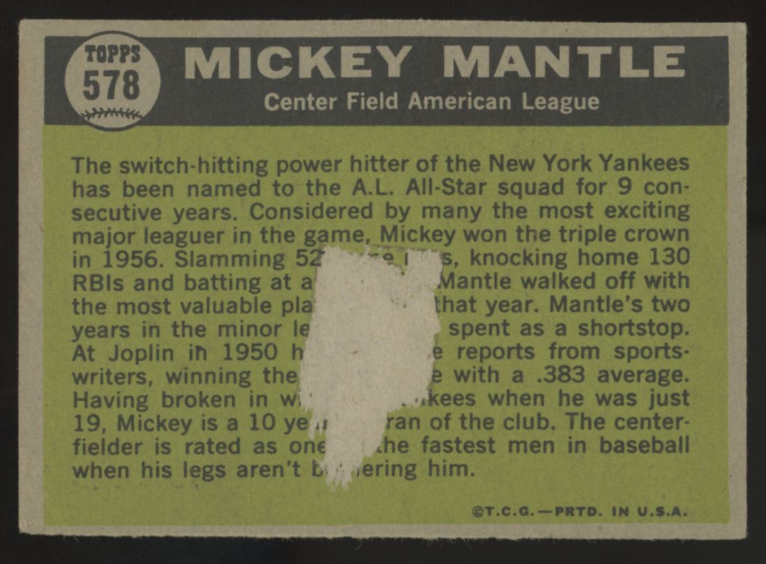 1961 Topps Mickey Mantle All-Star #578 Poor (Paper Loss)