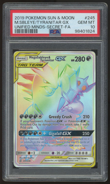 2019 Pokemon Mega Sableye/Tyranitar GX Unified Minds Full Art Secret #245 PSA 10