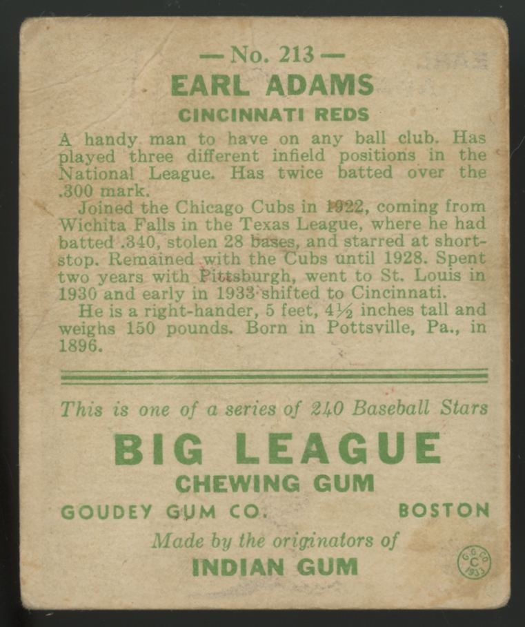 1933 Goudey Earl Adams #213 G/VG