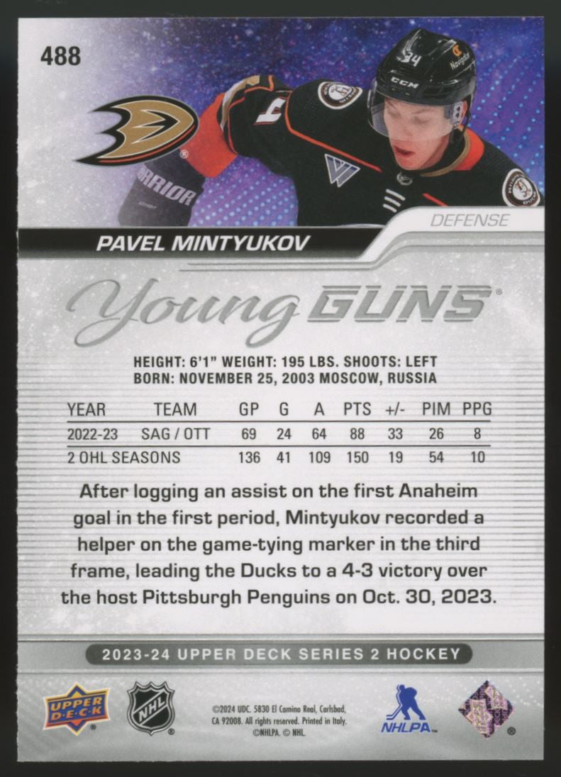 2023-24 Upper Deck Series 2 Pavel Mintyukov Young Guns #488 "B"