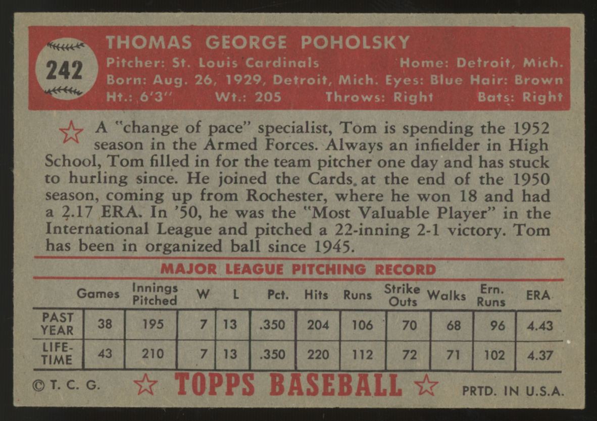 1952 Topps Tom Poholsky #242 VG-EX/EX
