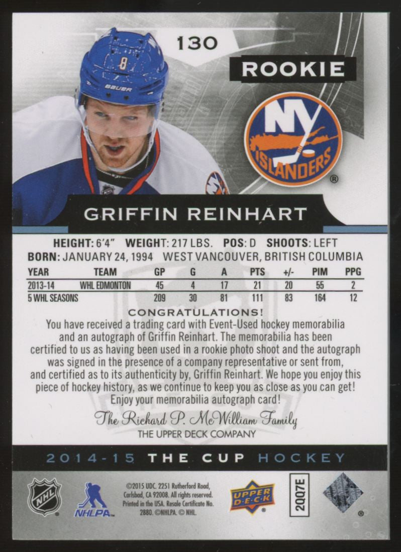 2014-15 Upper Deck The Cup Griffin Reinhart RC Patch Auto RPA /249 #130