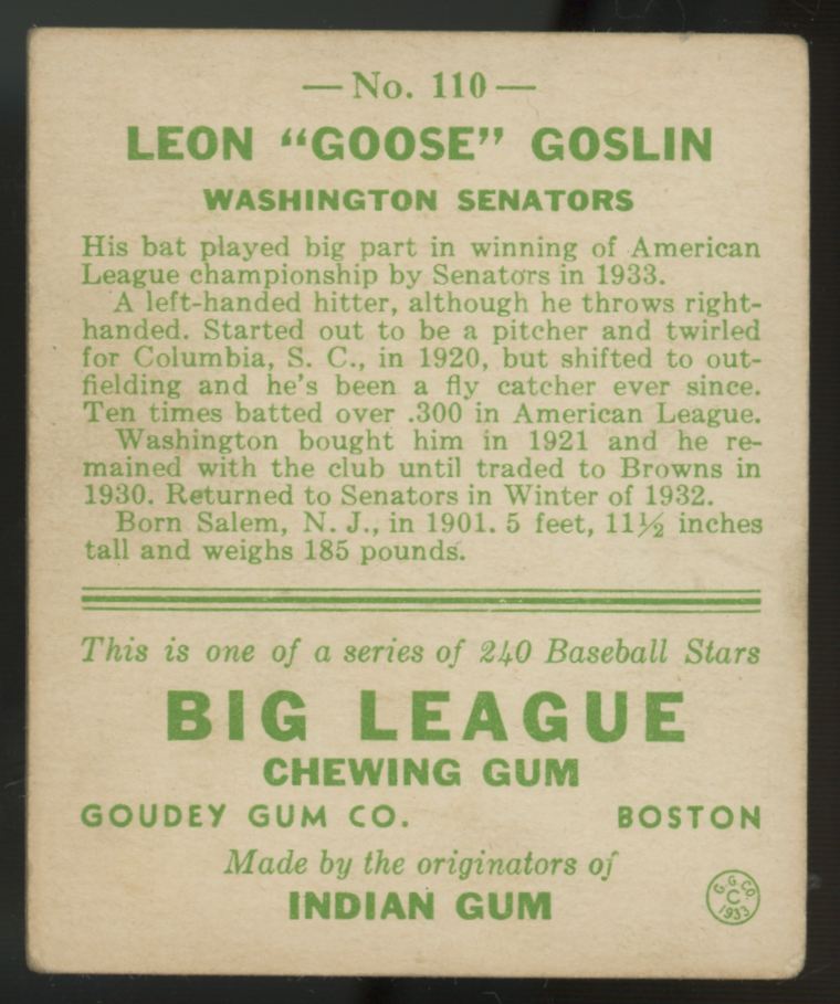 1933 Goudey Leon "Goose' Goslin #110 VG/EX-EX