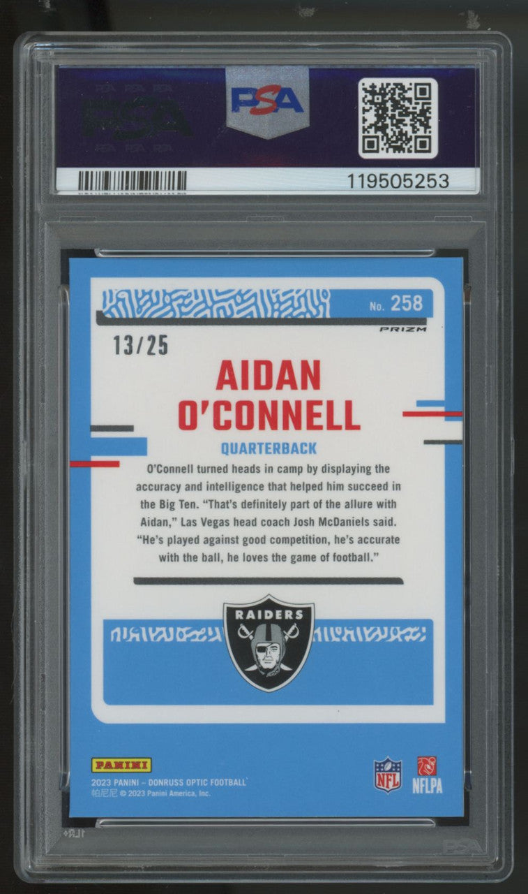 2023 Donruss Optic Aidan O'Connell Rated Rookie Black Pandora /25 #258 PSA 9