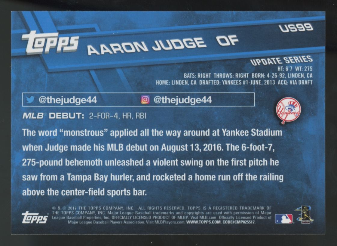 2017 Topps Update Aaron Judge RC Debut #US99 "A"