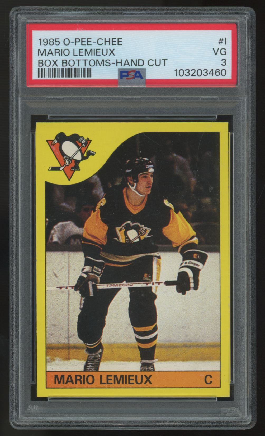 1985-86 O-Pee-Chee Mario Lemieux Box Bottoms-Hand Cut #I PSA 3