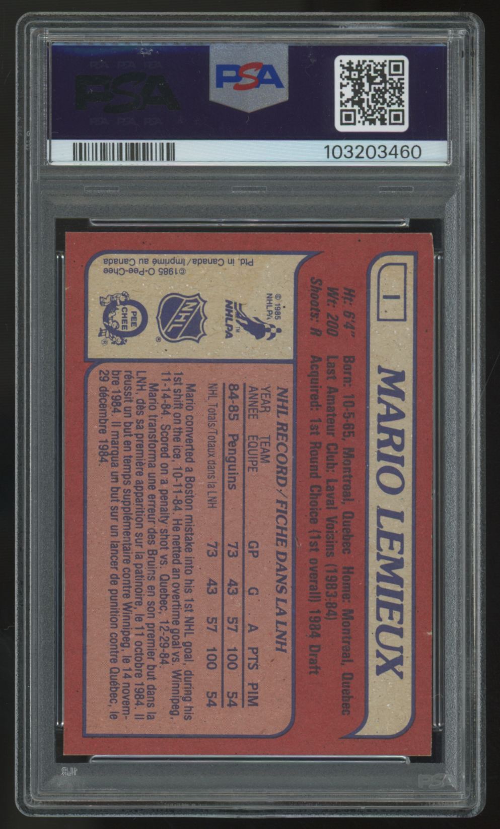 1985-86 O-Pee-Chee Mario Lemieux Box Bottoms-Hand Cut #I PSA 3