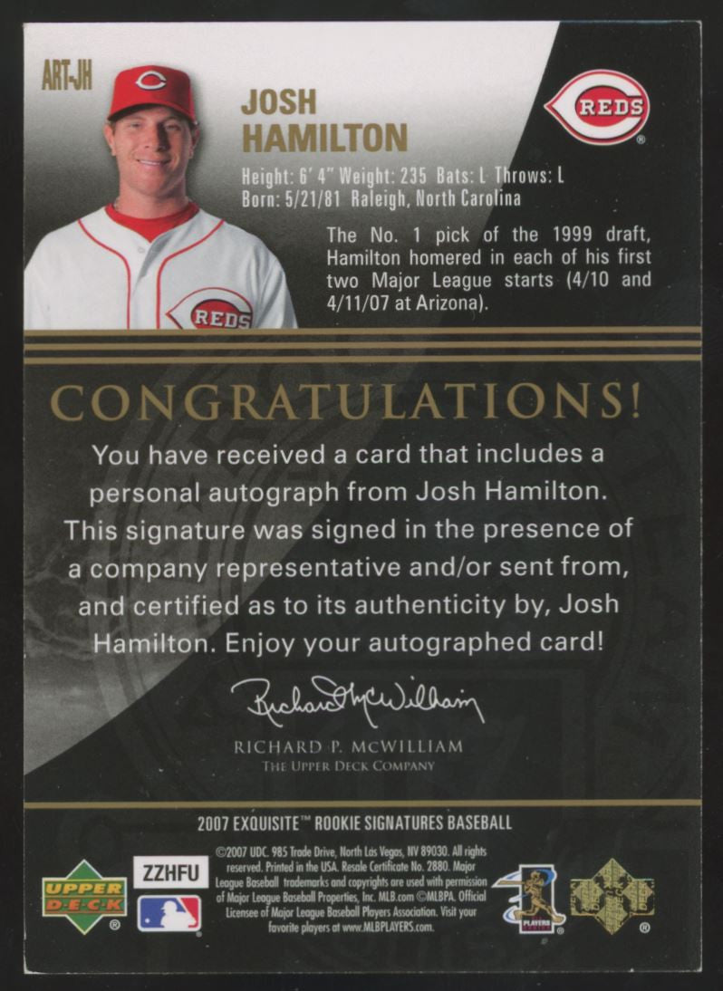 2007 Exquisite Rookie Signatures Josh Hamilton Auto /15 #ART-JH